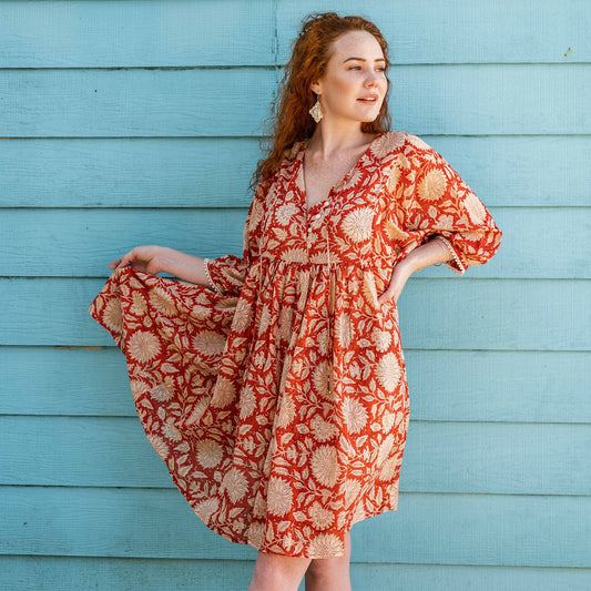 Hawa Short Dress- Rust Sunflower